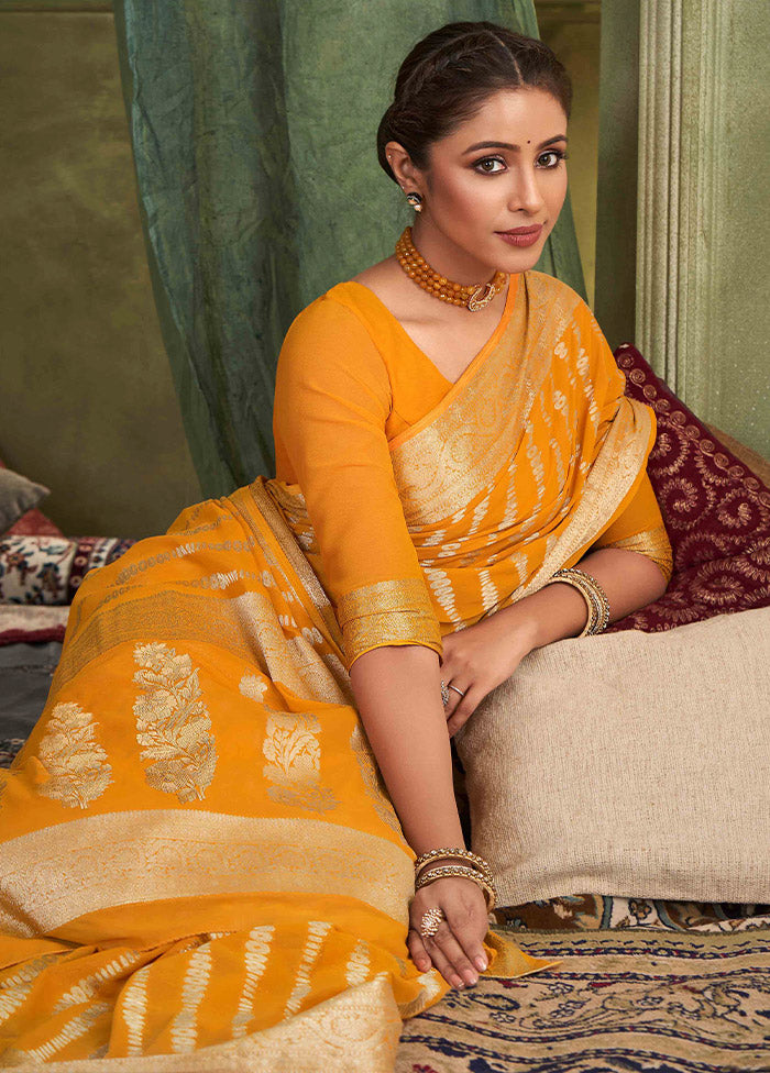 Golden Chiffon Silk Saree With Blouse Piece