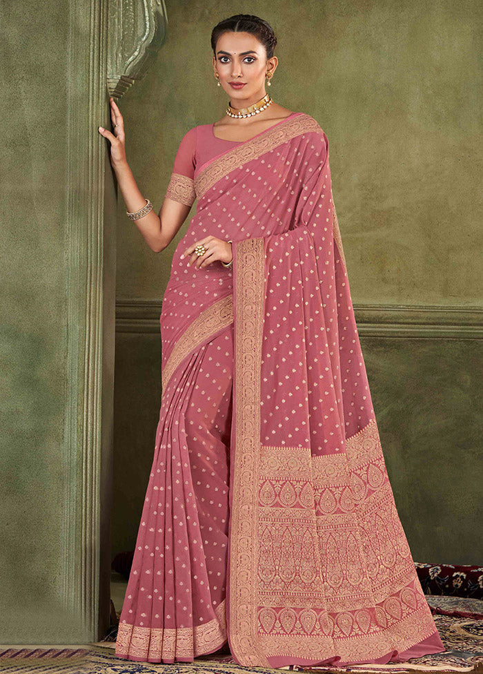 Pink Chiffon Silk Saree With Blouse Piece