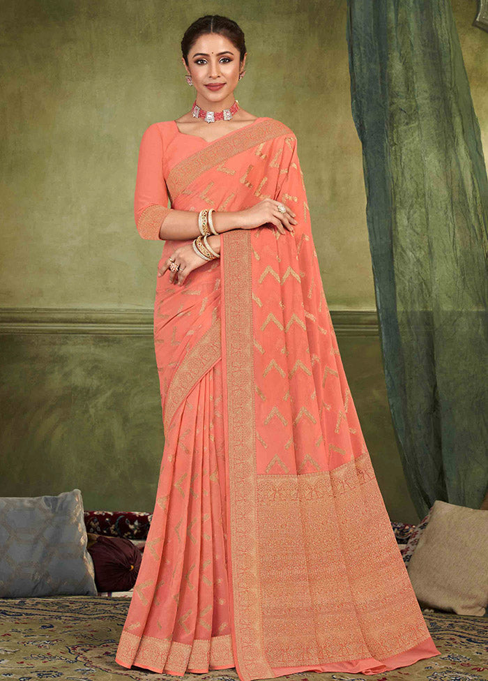 Peach Chiffon Silk Saree With Blouse Piece