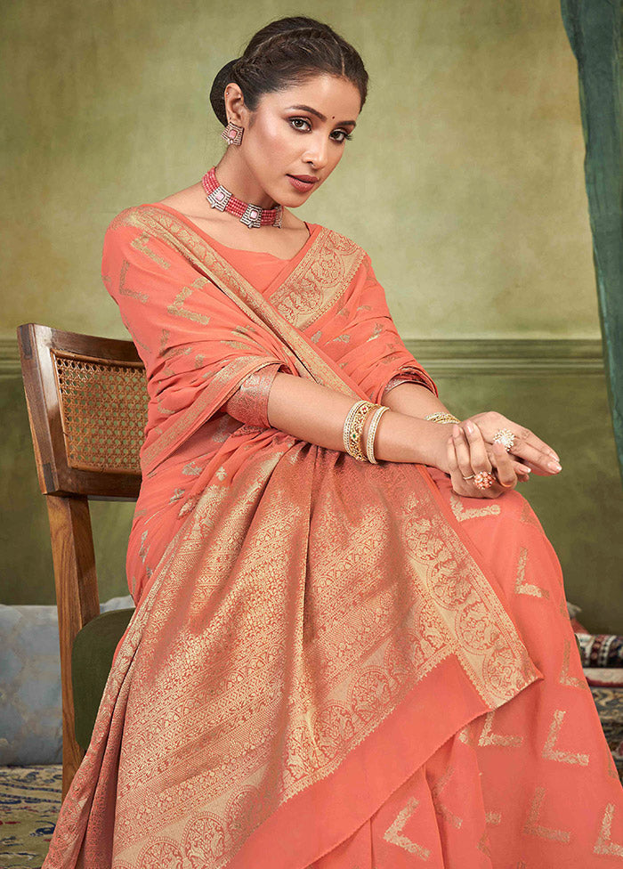 Peach Chiffon Silk Saree With Blouse Piece