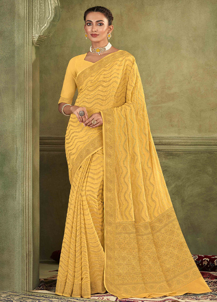 Mustard Chiffon Silk Saree With Blouse Piece