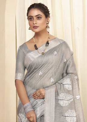 Grey Chanderi Silk Saree With Blouse Piece