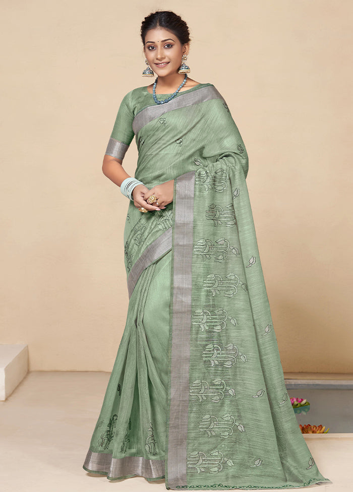 Sea Green Chanderi Silk Saree With Blouse Piece