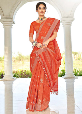 Orange Cotton Saree With Blouse Piece