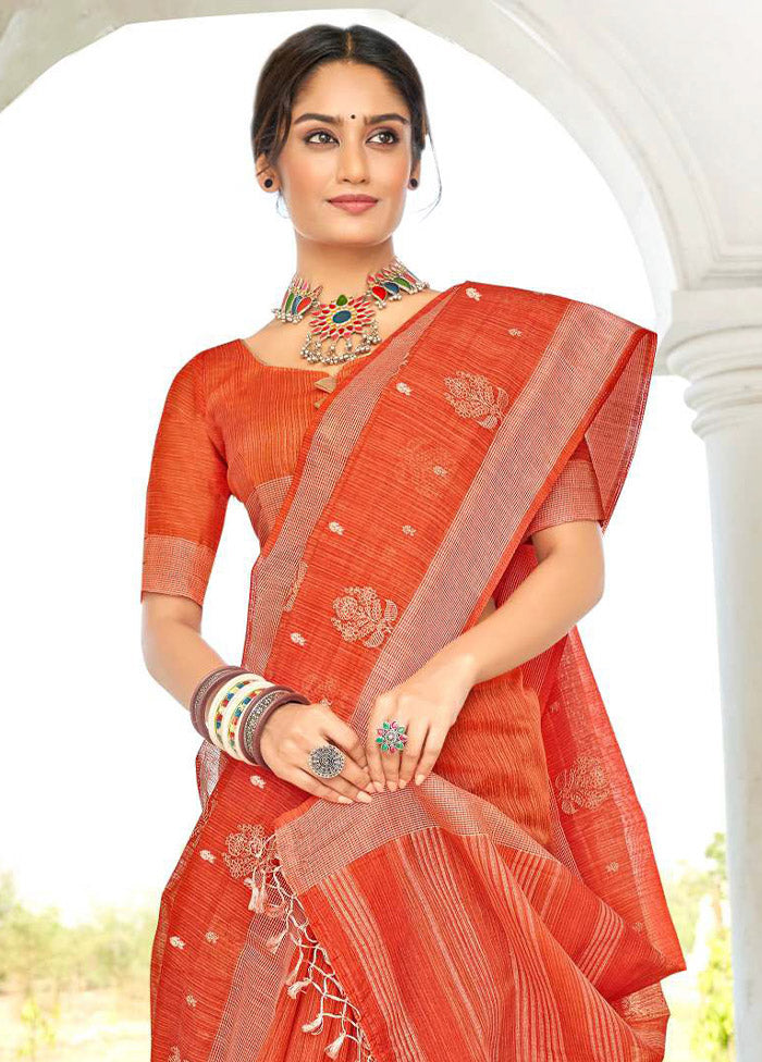 Orange Cotton Saree With Blouse Piece