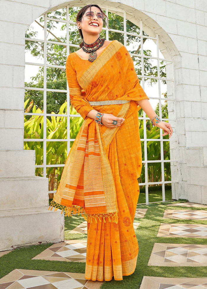 Orange Cotton Saree With Blouse Piece