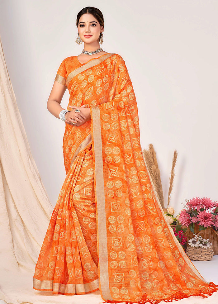 Orange Cotton Saree With Blouse Piece