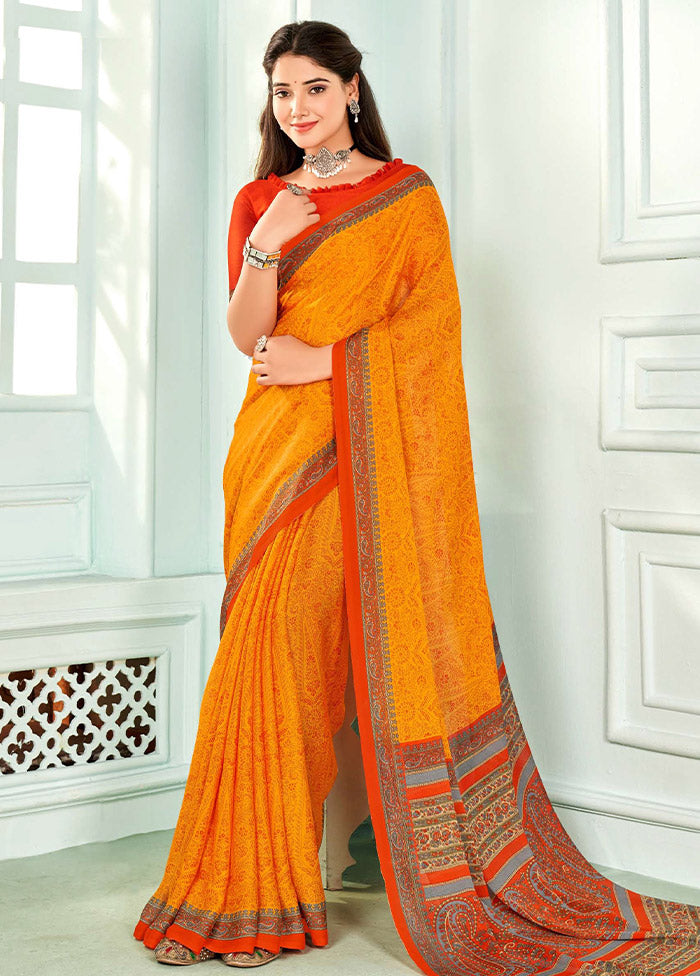 Yellow Chiffon Silk Saree With Blouse Piece