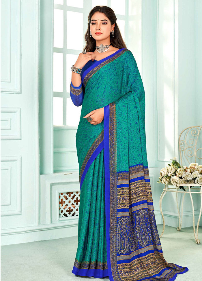 Turquoise Chiffon Silk Saree With Blouse Piece