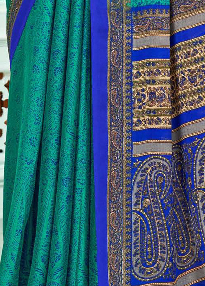 Turquoise Chiffon Silk Saree With Blouse Piece