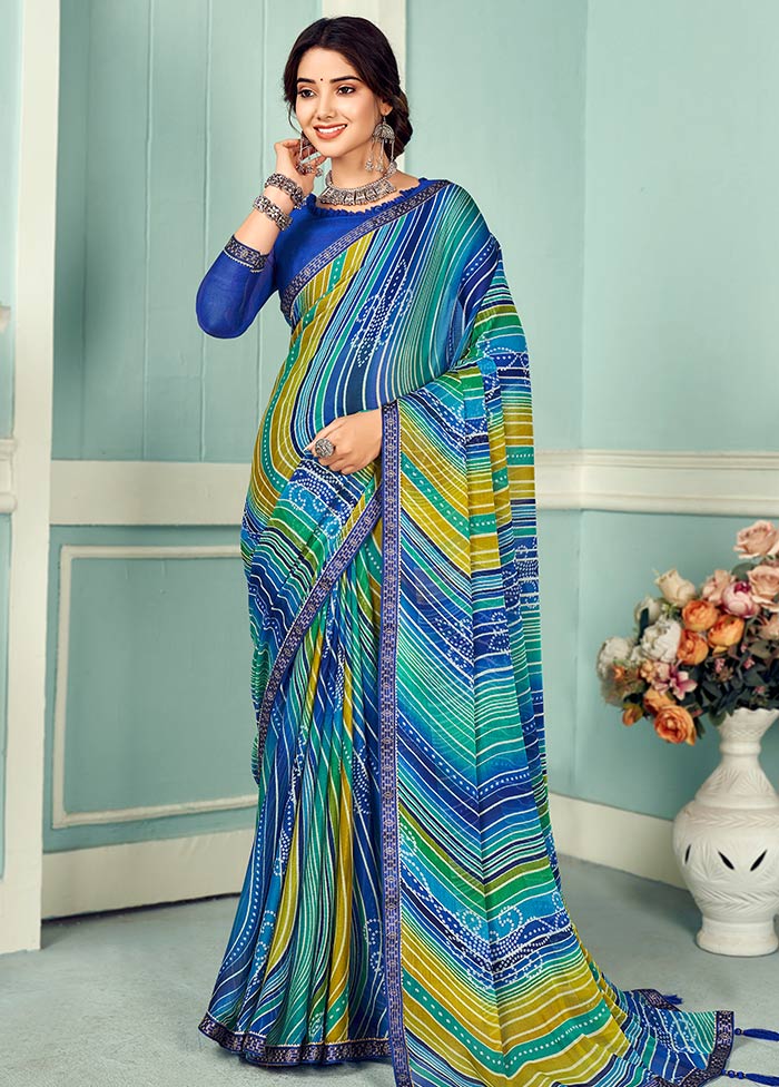 Blue Chiffon Silk Saree With Blouse Piece