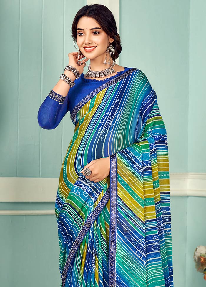 Blue Chiffon Silk Saree With Blouse Piece