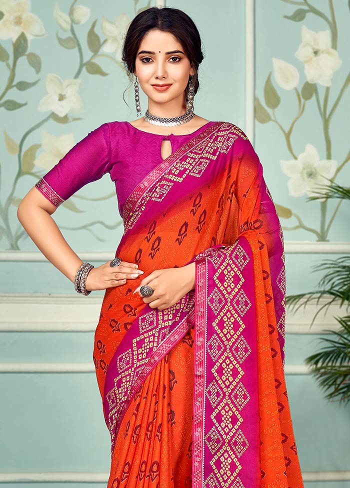 Orange Chiffon Silk Saree With Blouse Piece