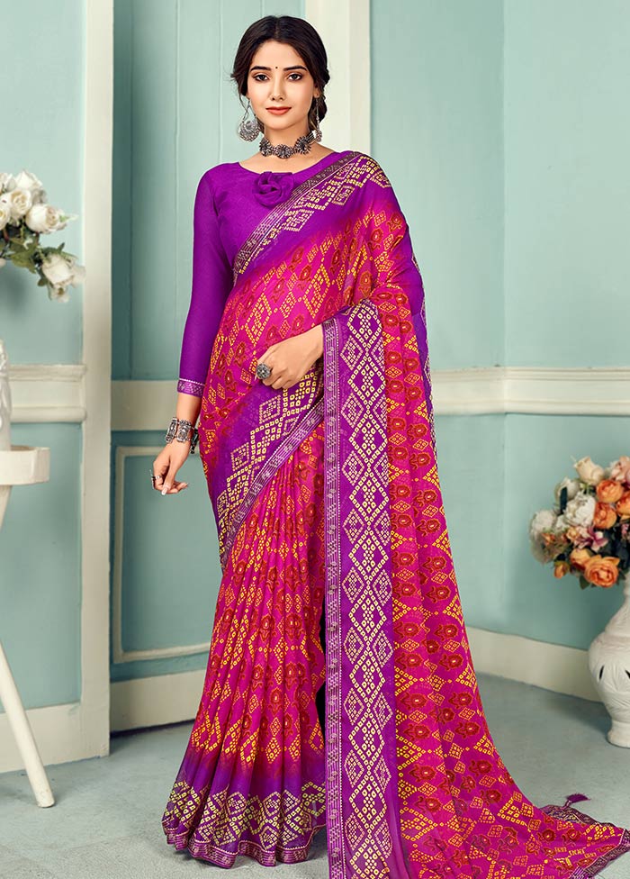 Dark Pink Chiffon Silk Saree With Blouse Piece