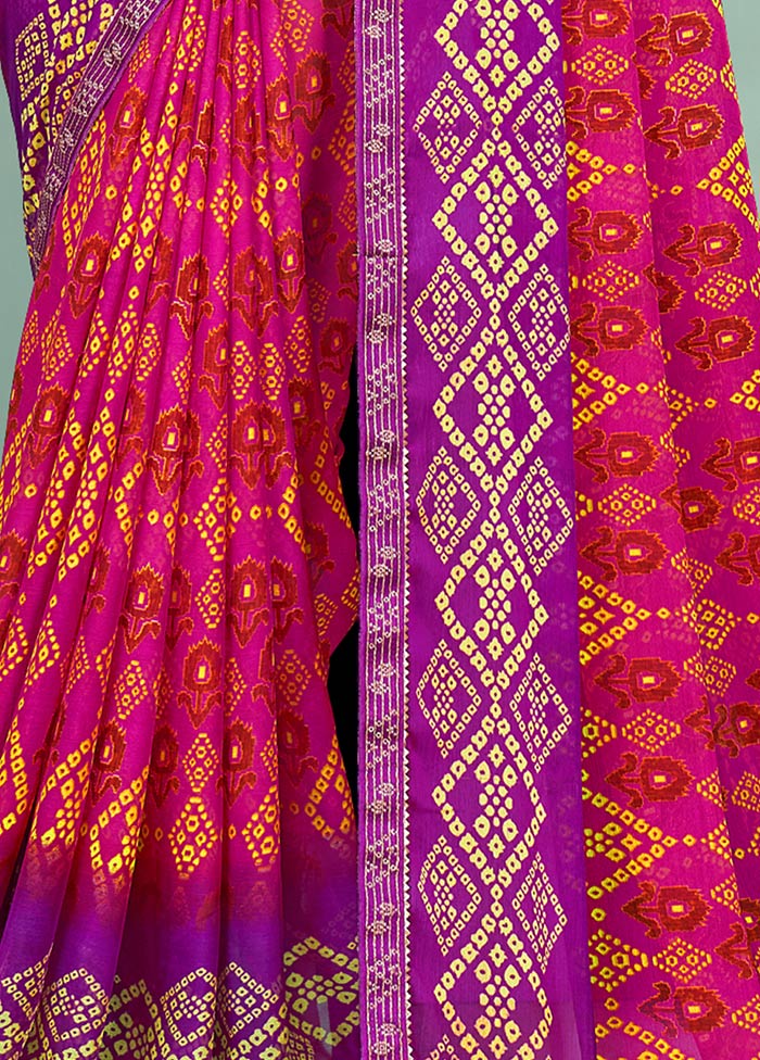 Dark Pink Chiffon Silk Saree With Blouse Piece