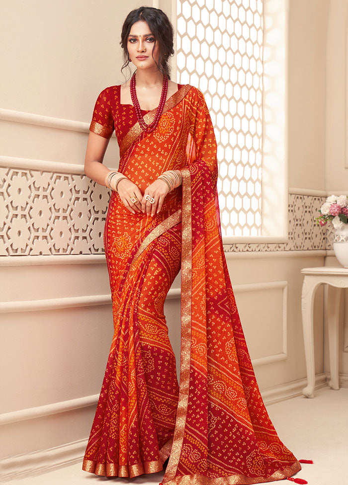 Orange Chiffon Printed Work Saree With Blouse