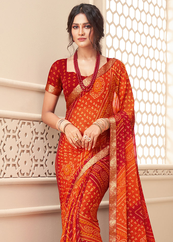 Orange Chiffon Printed Work Saree With Blouse