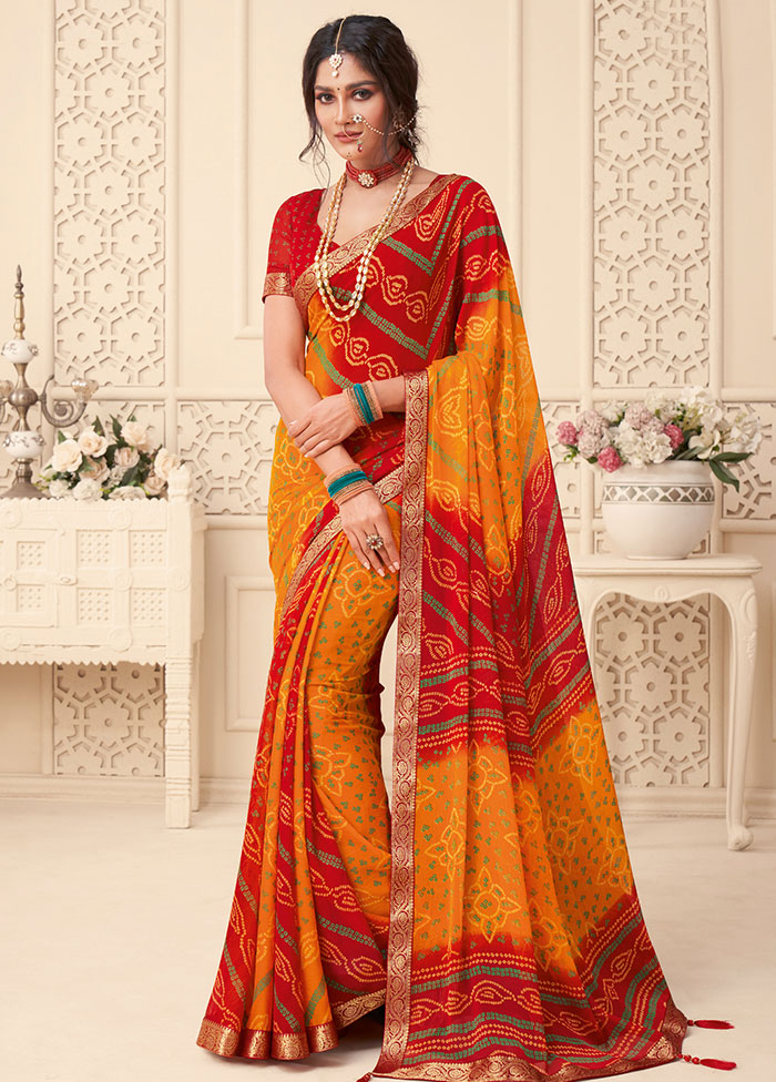 Red And Yellow Chiffon Printed Work Saree With Blouse