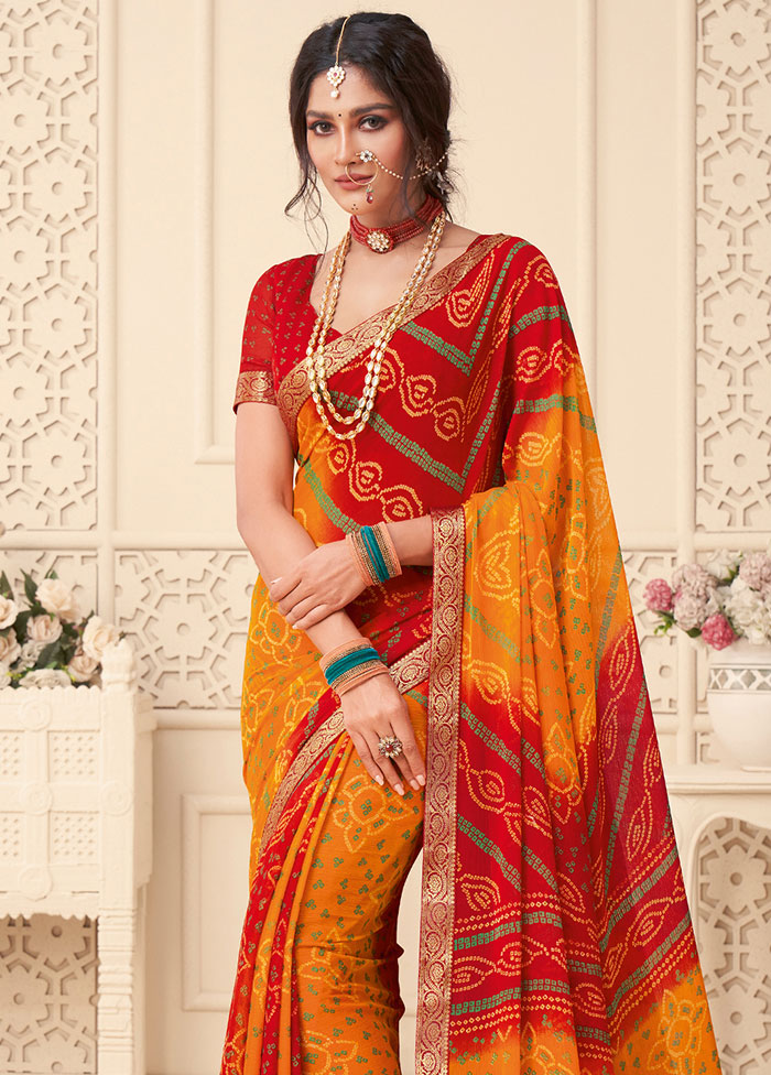 Red And Yellow Chiffon Printed Work Saree With Blouse