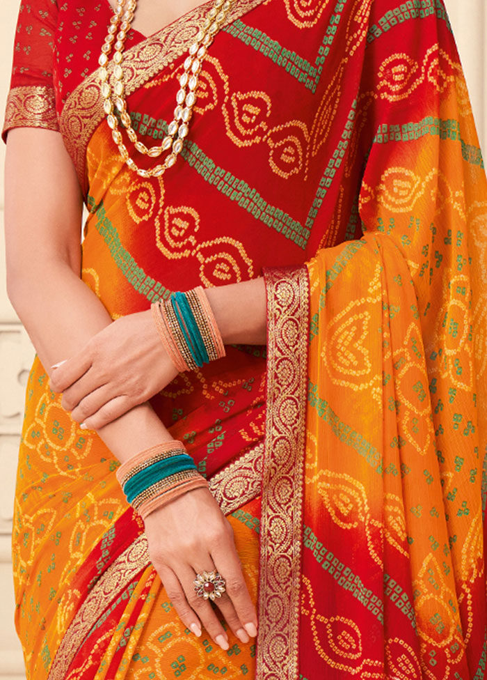 Red And Yellow Chiffon Printed Work Saree With Blouse