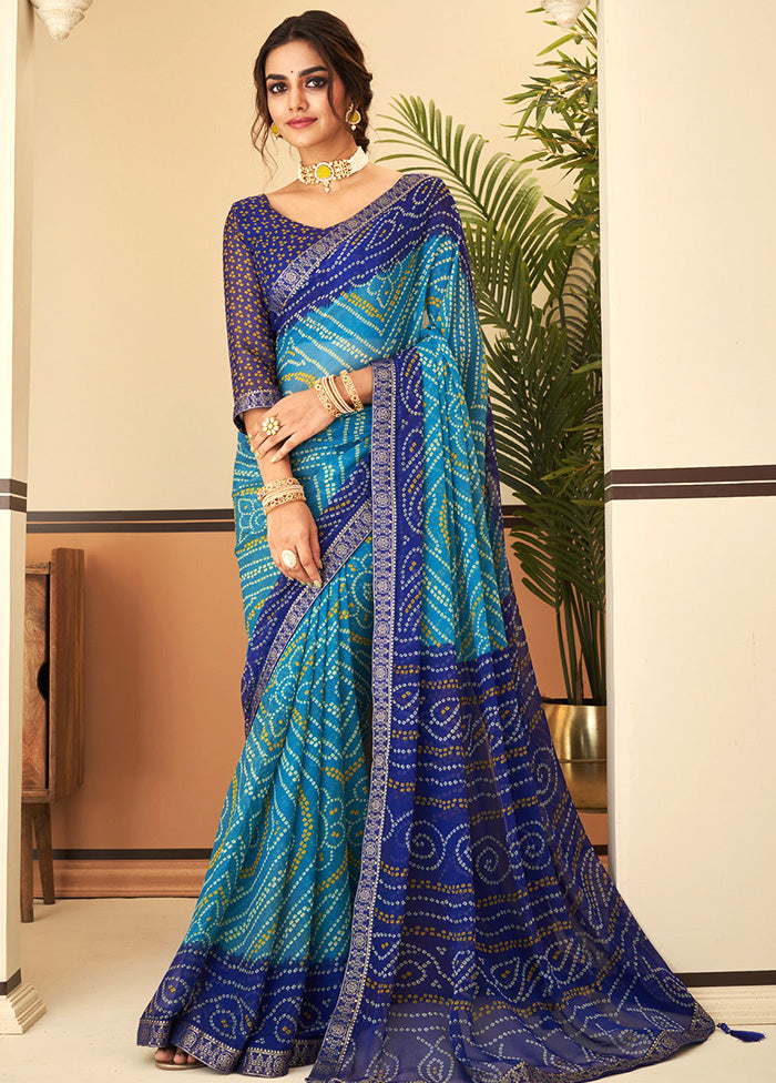 Turquoise Chiffon Silk Saree With Blouse Piece