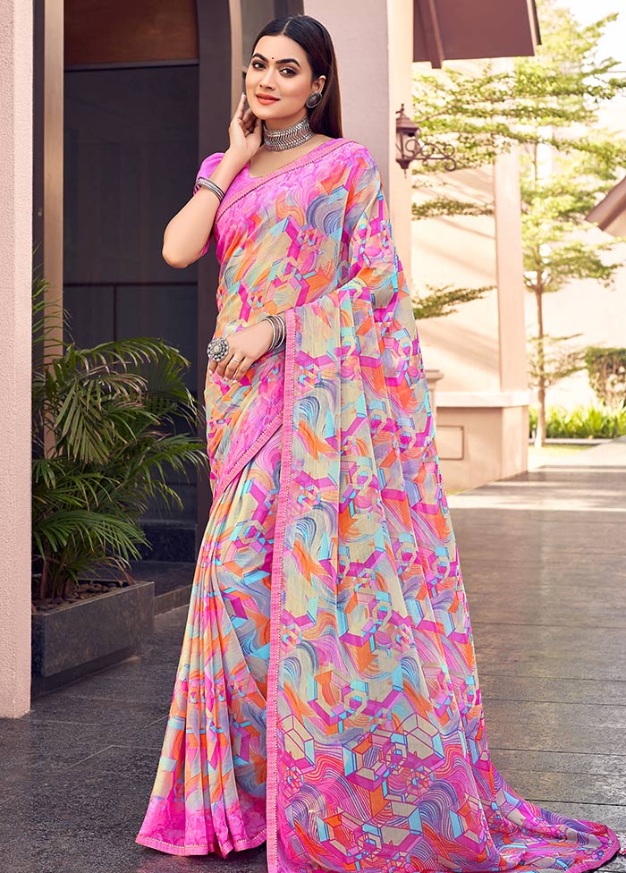 Pink Chiffon Silk Saree With Blouse Piece