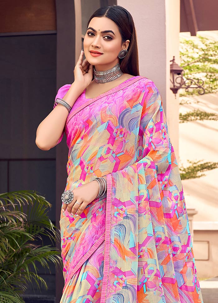 Pink Chiffon Silk Saree With Blouse Piece