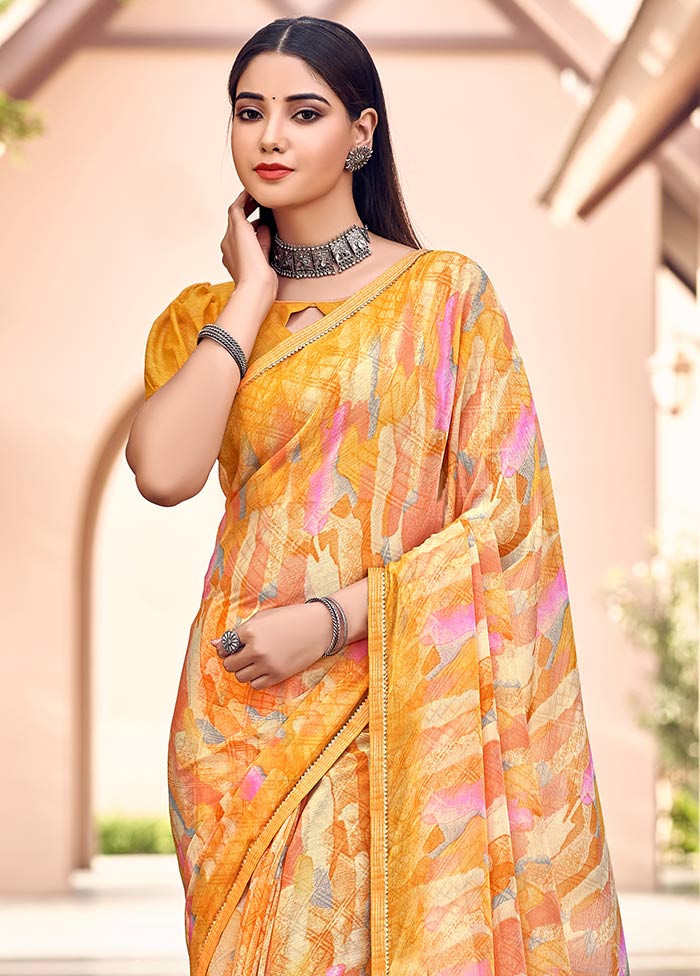 Yellow Chiffon Silk Saree With Blouse Piece