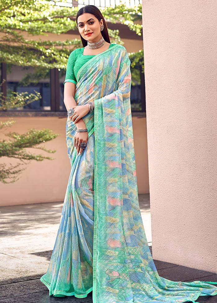 Sea Green Chiffon Silk Saree With Blouse Piece