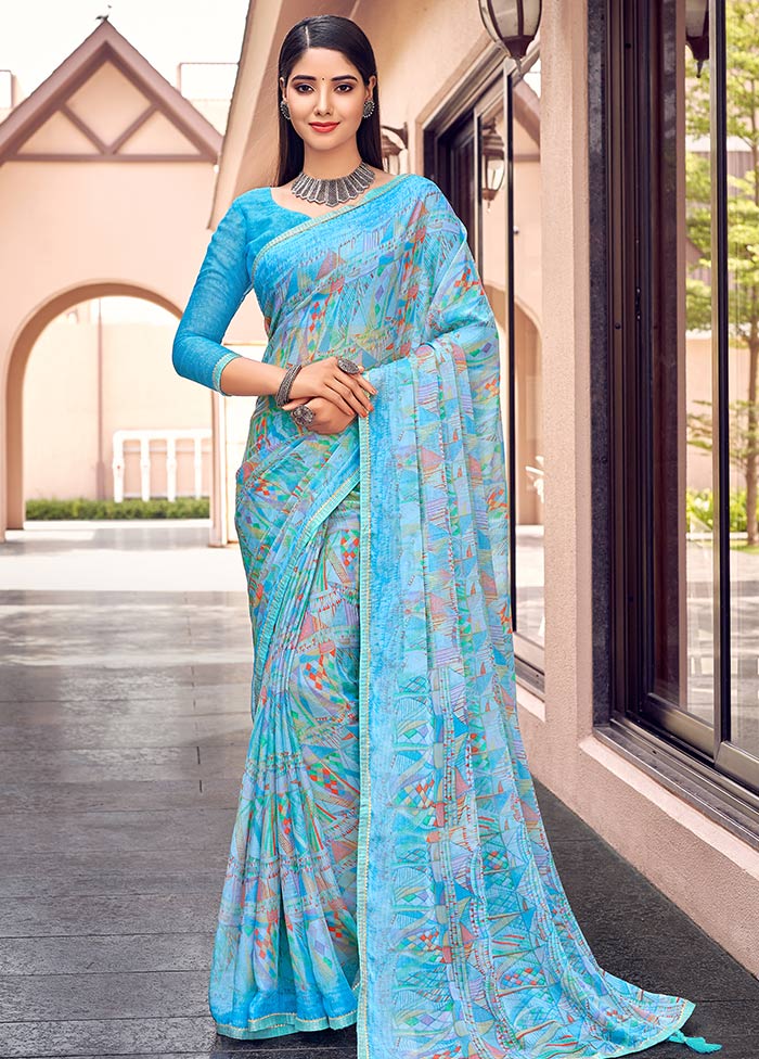 Sky Blue Chiffon Silk Saree With Blouse Piece