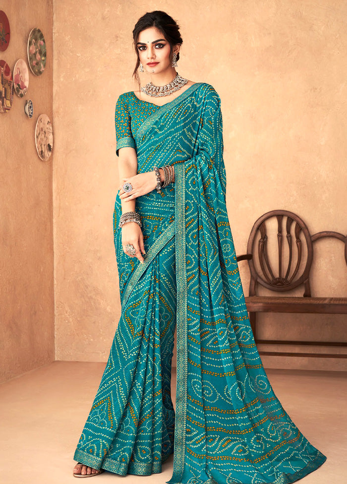 Turquoise Chiffon Silk Saree With Blouse Piece