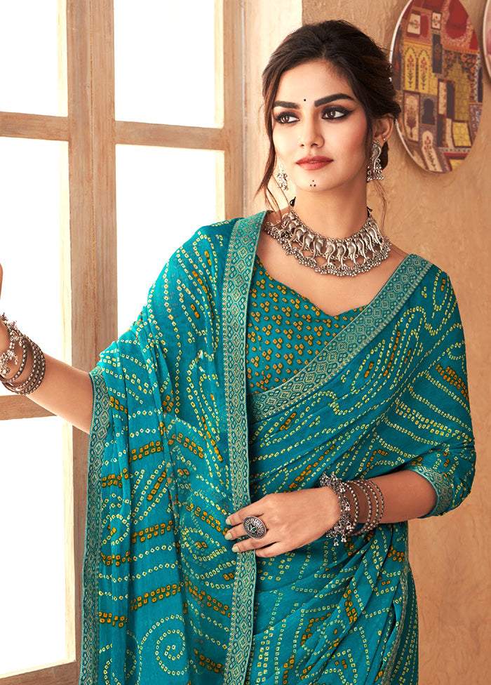 Turquoise Chiffon Silk Saree With Blouse Piece