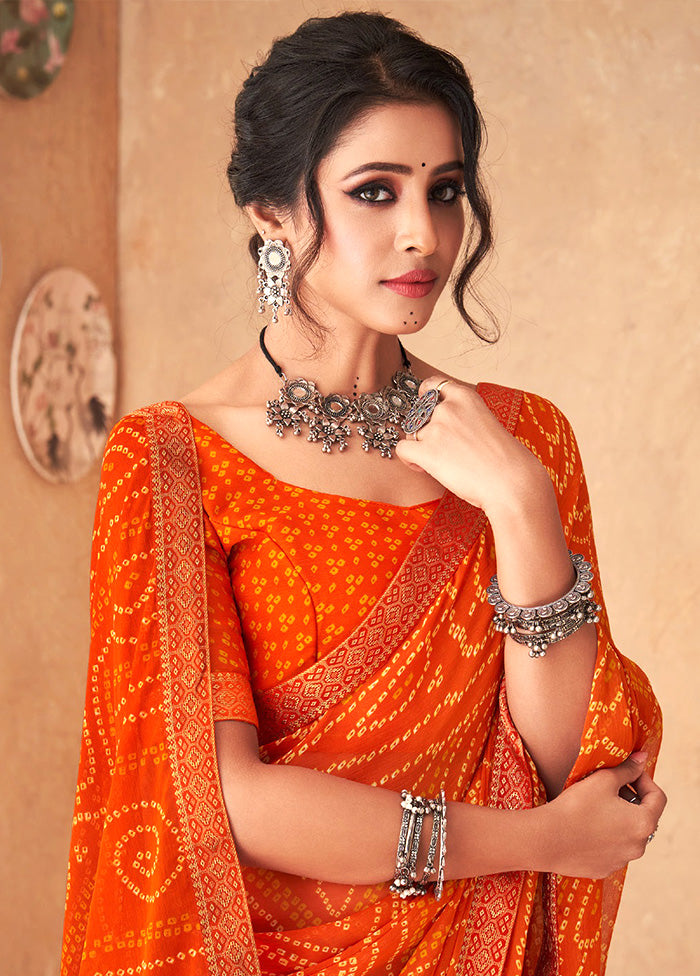 Orange Chiffon Silk Saree With Blouse Piece