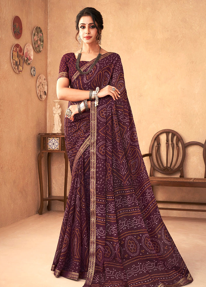 Wine Chiffon Silk Saree With Blouse Piece