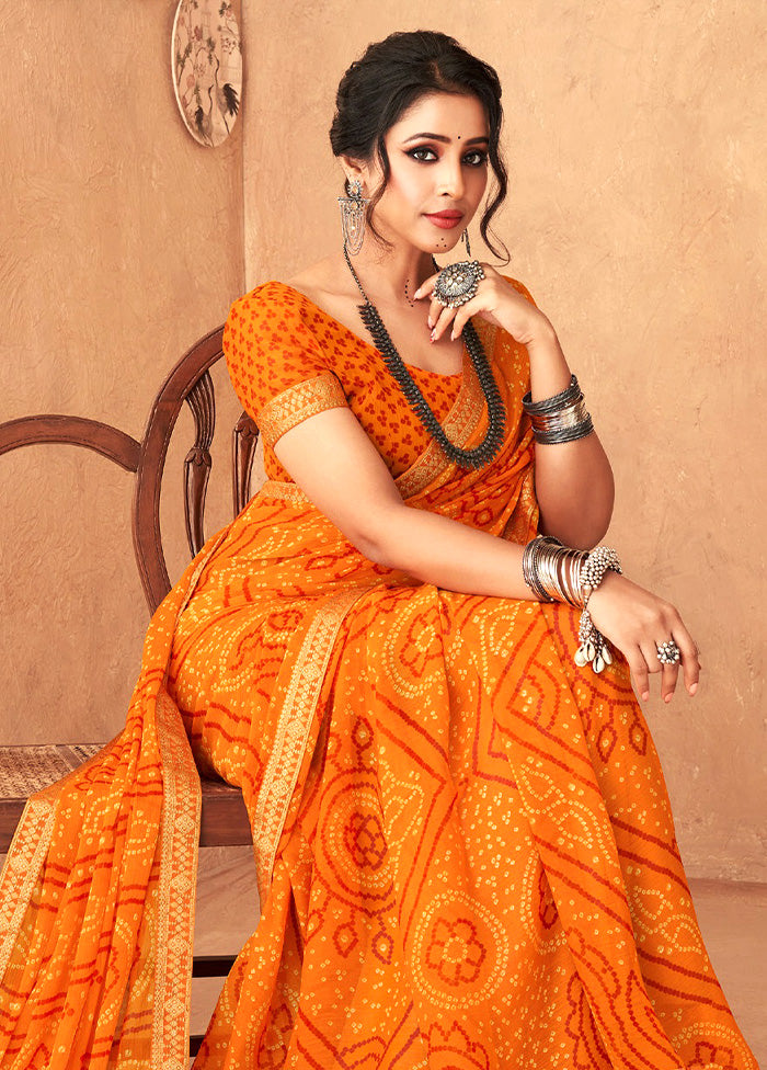 Orange Chiffon Silk Saree With Blouse Piece