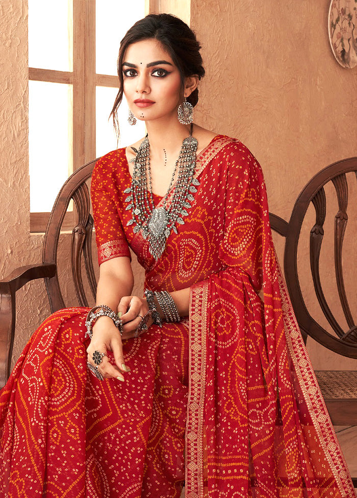 Red Chiffon Silk Saree With Blouse Piece