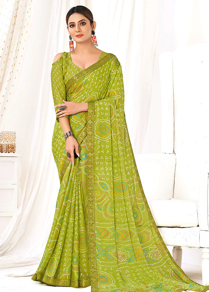 Olive Green Chiffon Silk Saree With Blouse Piece