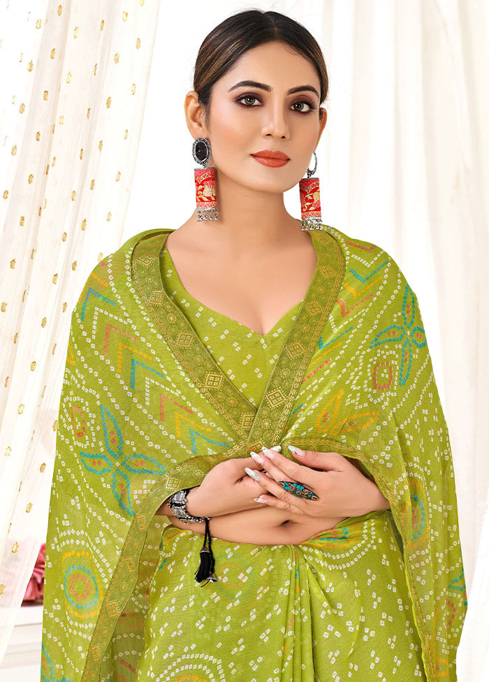 Olive Green Chiffon Silk Saree With Blouse Piece