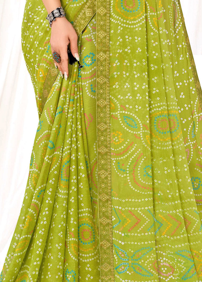 Olive Green Chiffon Silk Saree With Blouse Piece