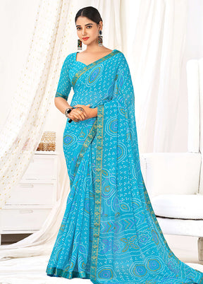 Sky Blue Chiffon Silk Saree With Blouse Piece