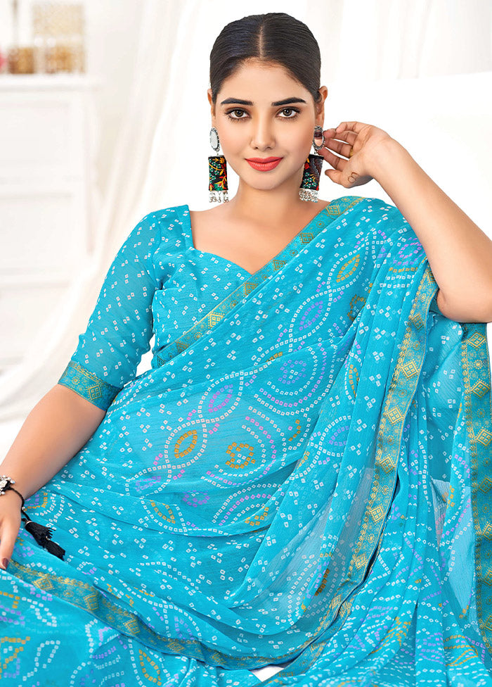 Sky Blue Chiffon Silk Saree With Blouse Piece