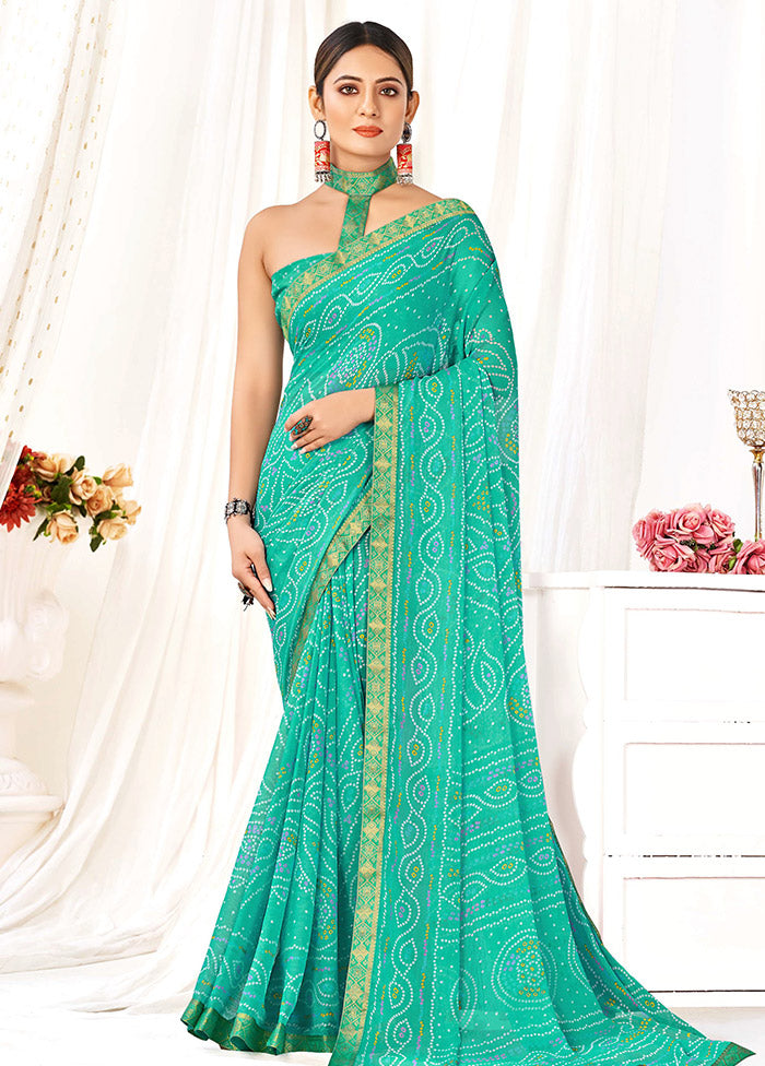 Turquoise Chiffon Silk Saree With Blouse Piece