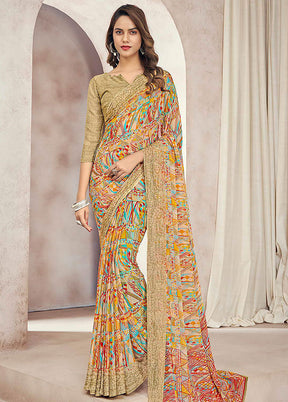 Beige Chiffon Printed Work Saree With Blouse