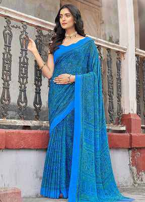 Blue Chiffon Silk Saree With Blouse Piece