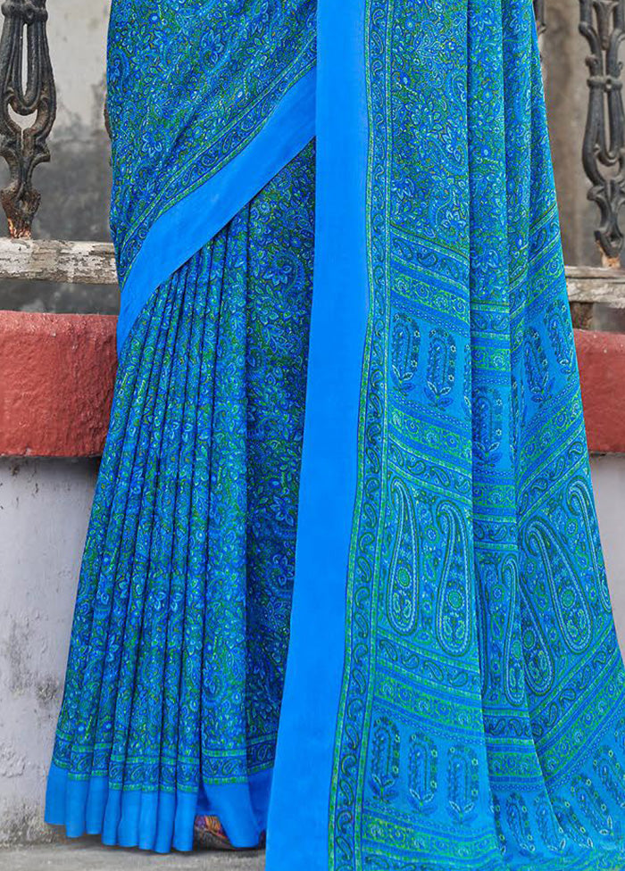 Blue Chiffon Silk Saree With Blouse Piece