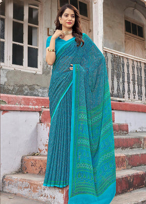 Blue Chiffon Silk Saree With Blouse Piece