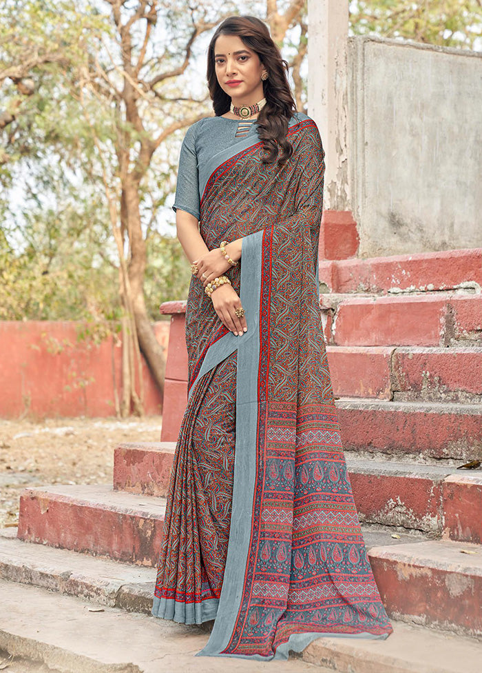 Grey Chiffon Silk Saree With Blouse Piece