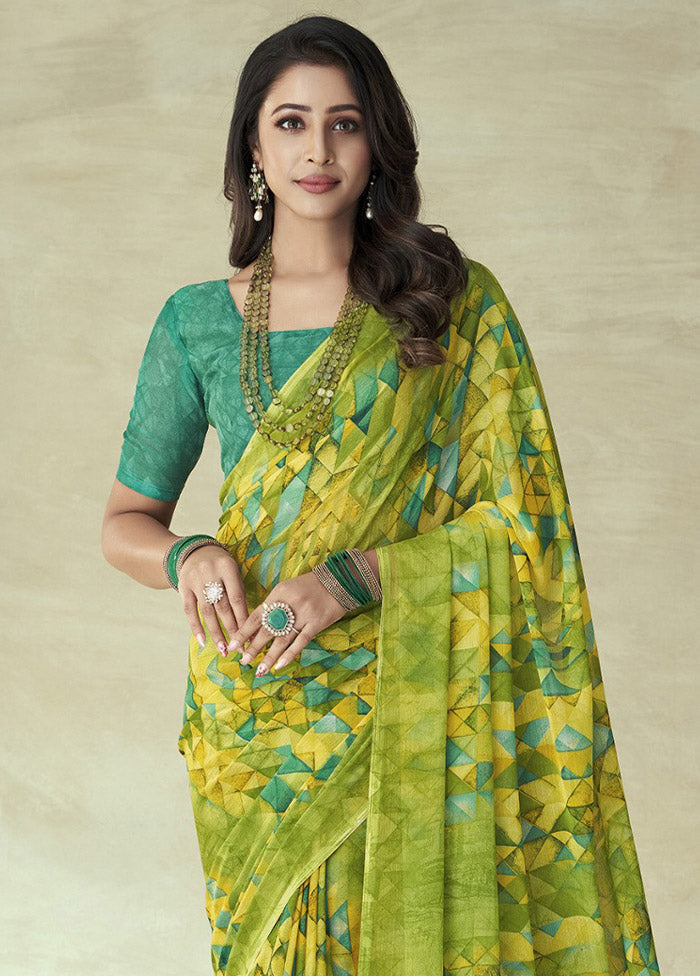 Sea Green Chiffon Silk Saree With Blouse Piece