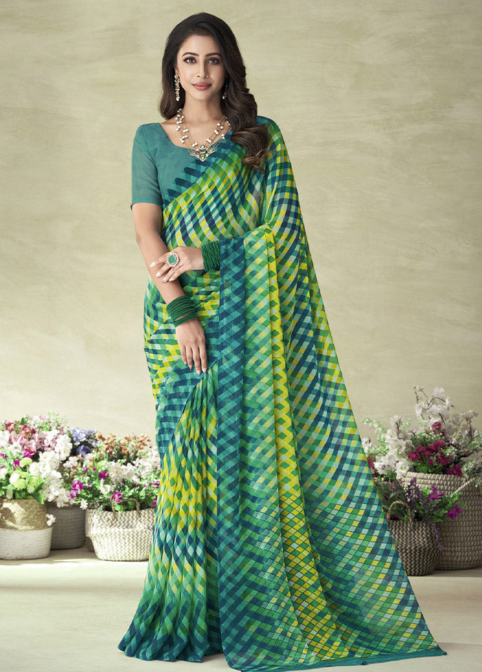 Teal Chiffon Silk Saree With Blouse Piece