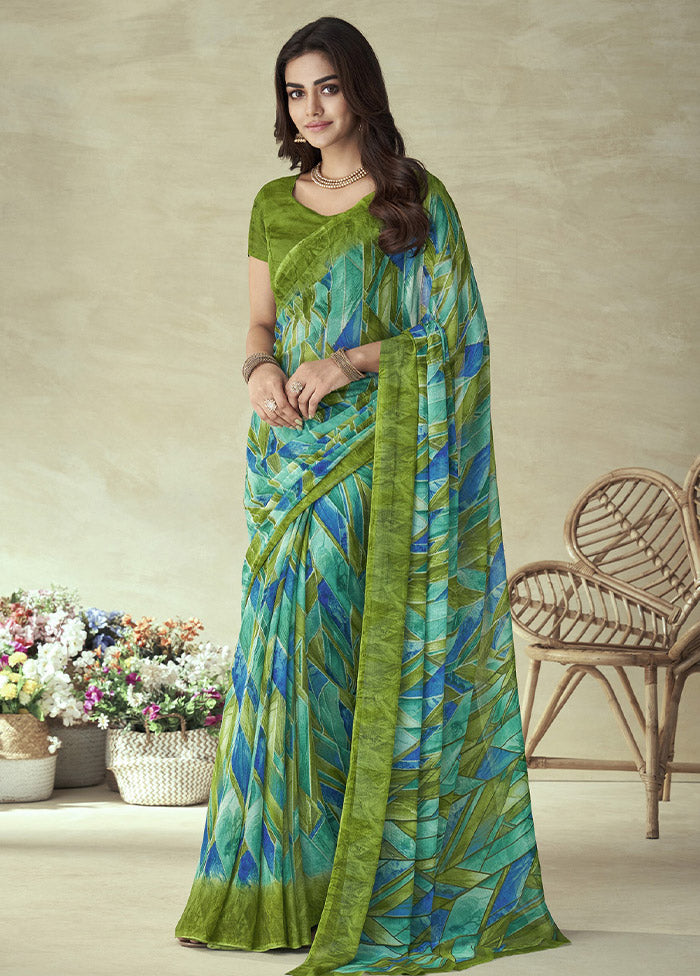 Olive Green Chiffon Silk Saree With Blouse Piece